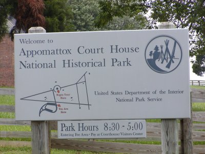 The sign at the entry to the village of Appomattox Courthouse.