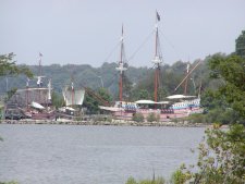 In the harbor are replicas of the three ships that brought the first English colonists to America.