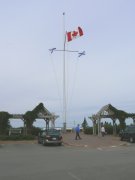The Canadian Flag flies over the Nova Scotia visitor center.