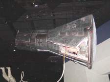 This Apollo capsule actually flew in space and is displayed to appear, as it would have when in space. In this display the support section is still attached to the capsule. It is separated just prior to re-entry.